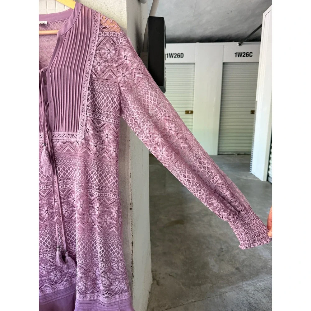 Sundance Lace Mini Dress S Purple Boho Pleated Tassel Ruffle Flounce Hem